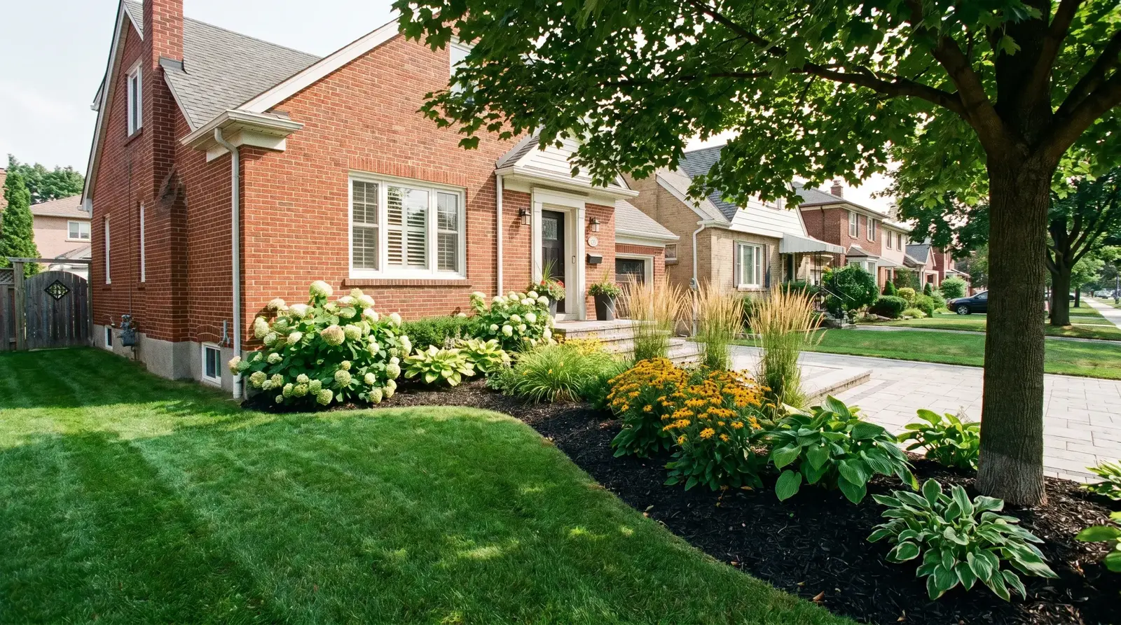 Freshly mowed front lawn with mulched garden beds